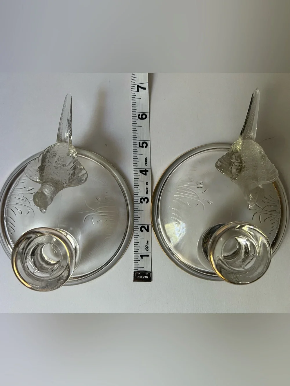 Clear Glass Bird Candle Holders with Gold Trim - Pair-by Jeanette Glass